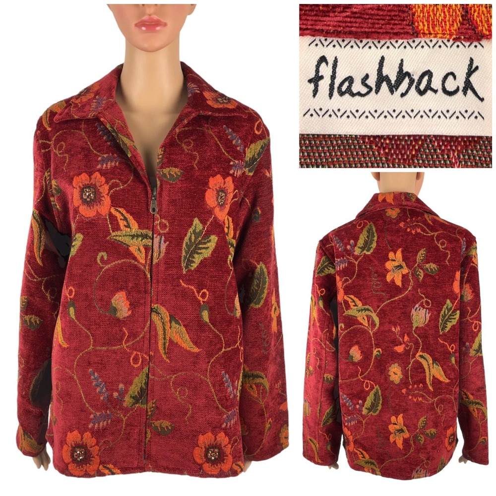 FLASHBACK Womens Medium Jacket TAPESTRY Boho Full Zip Beaded Cotton Vintage EUC